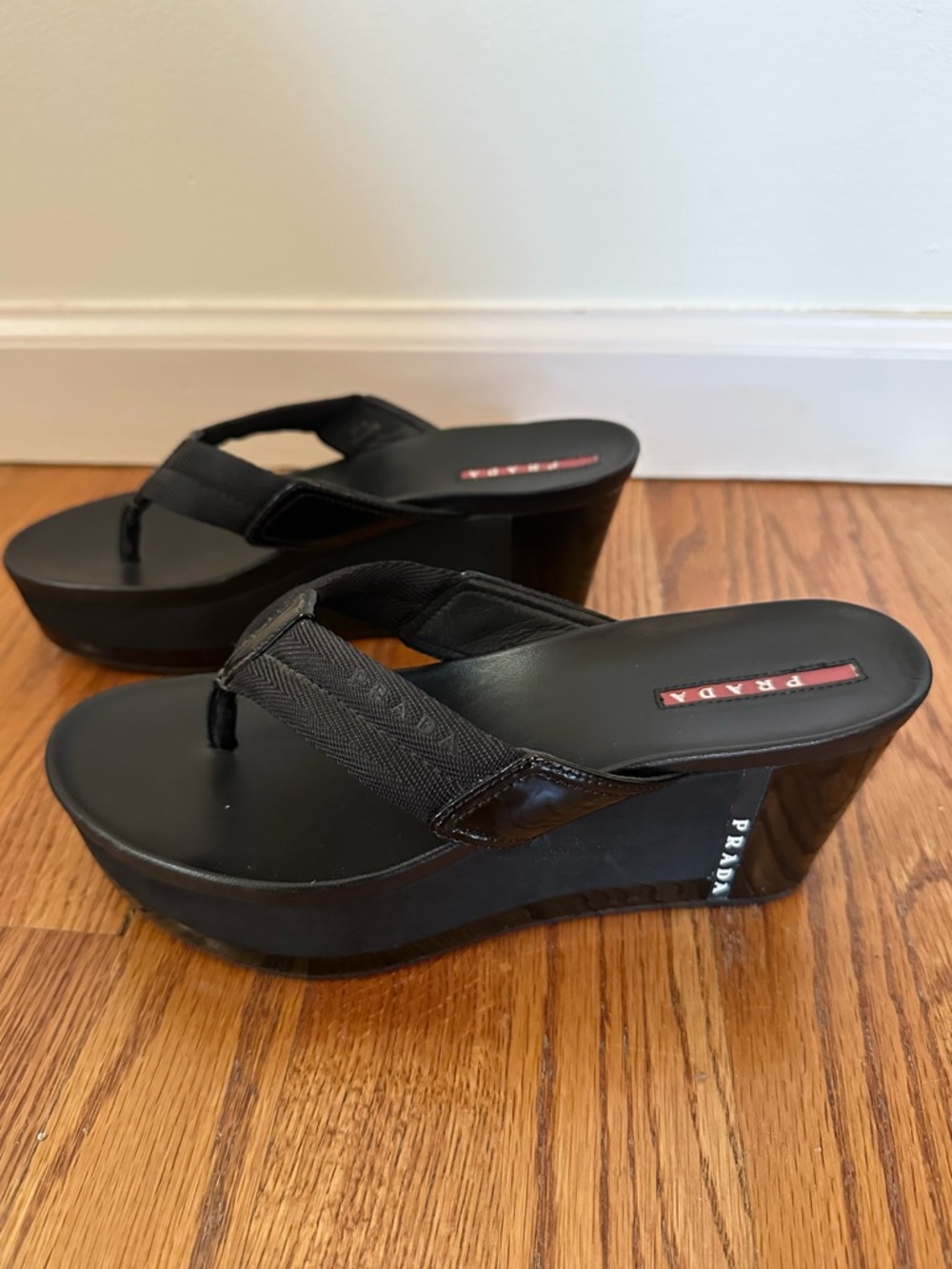 Prada Black Wedge Thong Sandals with Logo Plaque - Picture 3 of 6